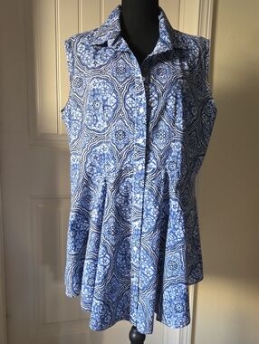 CAFFE Marrakesh Blue/White Cotton Paisley Medallion Button Up Tunic, Size L